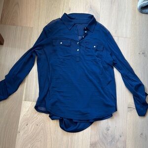 Navy Blue Button Down Shirt with Stand-Up Collar